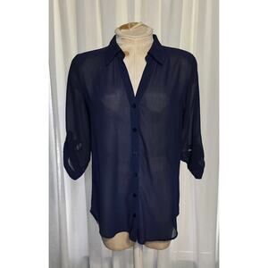 A. Byer Lattice Back Tab 3/4 tab Sleeve Sheer Top Size Medium navy blue